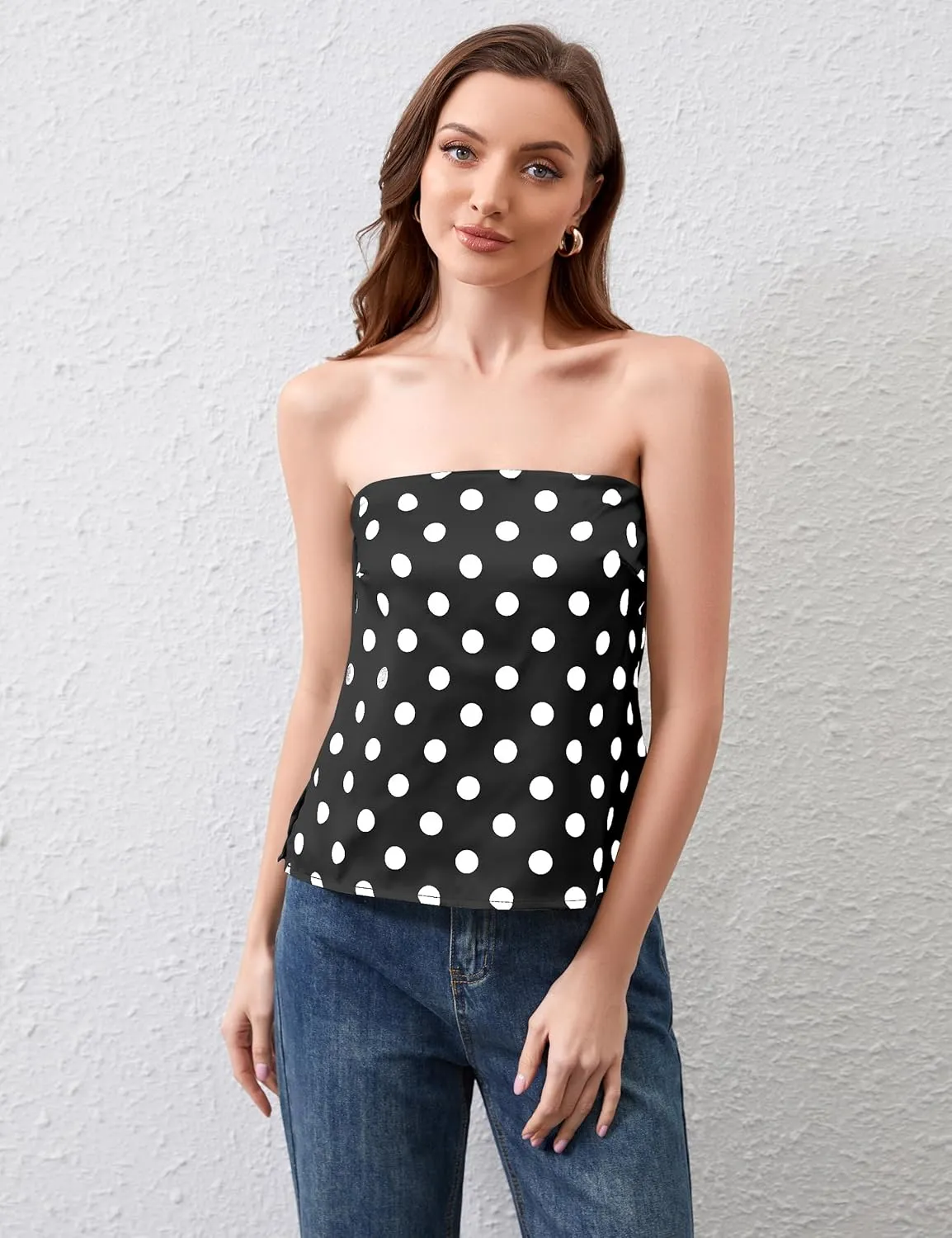 Ythomm Womens Polka Dot Satin Tube Tops Strapless Side Slit Backless Silk Tank Top Casual Bandeau Blouse Going Out Tank Shirt