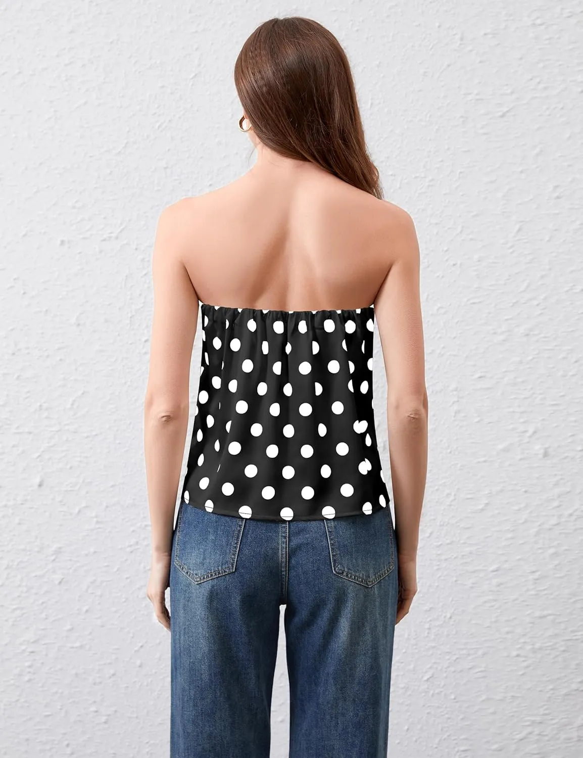 Ythomm Womens Polka Dot Satin Tube Tops Strapless Side Slit Backless Silk Tank Top Casual Bandeau Blouse Going Out Tank Shirt