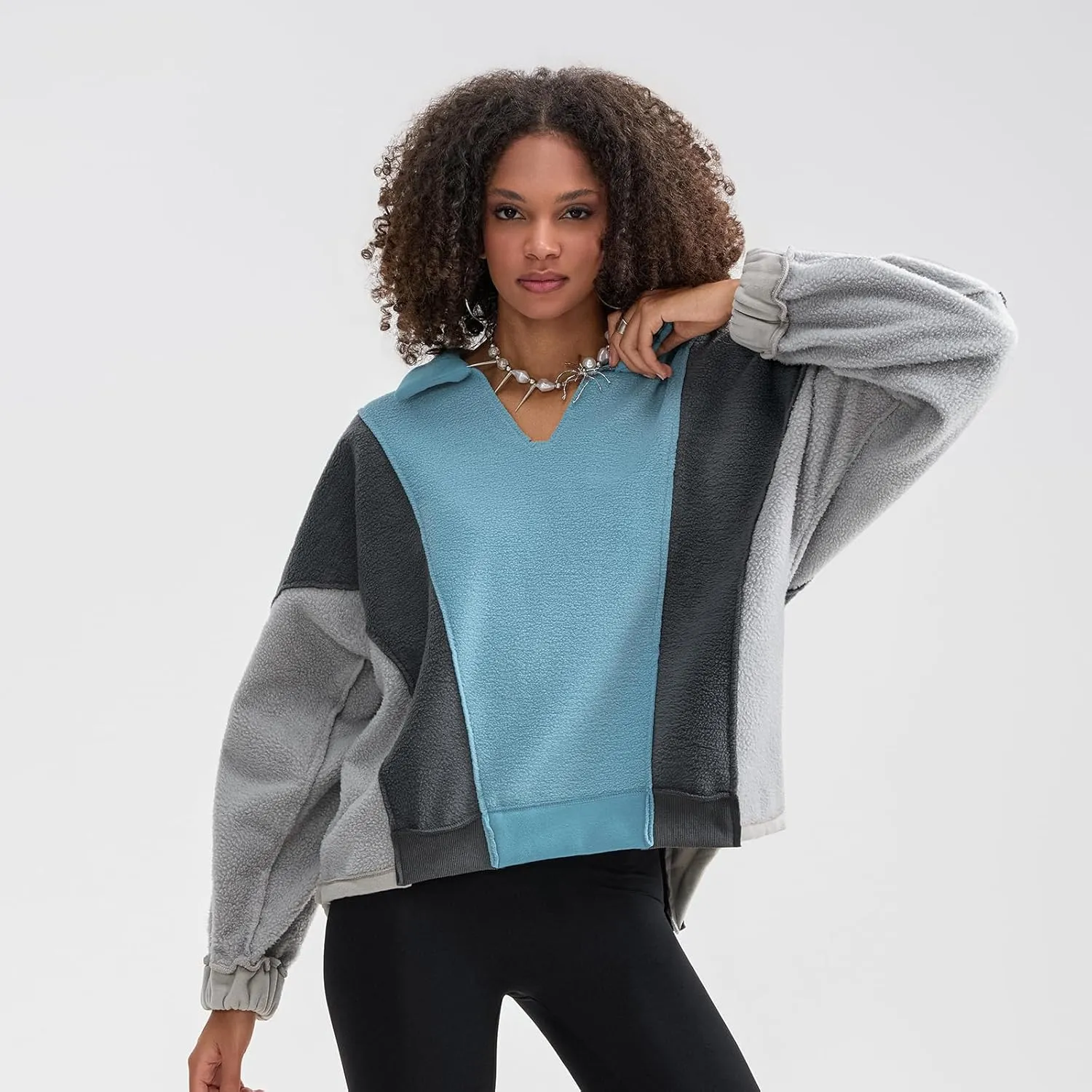 Yuemengxuan Womens Oversized Sweatshirts V-Neck Fleece Hoodies Tops Colorblock Pullover Sweaters Y2k Warm Fall Outfits
