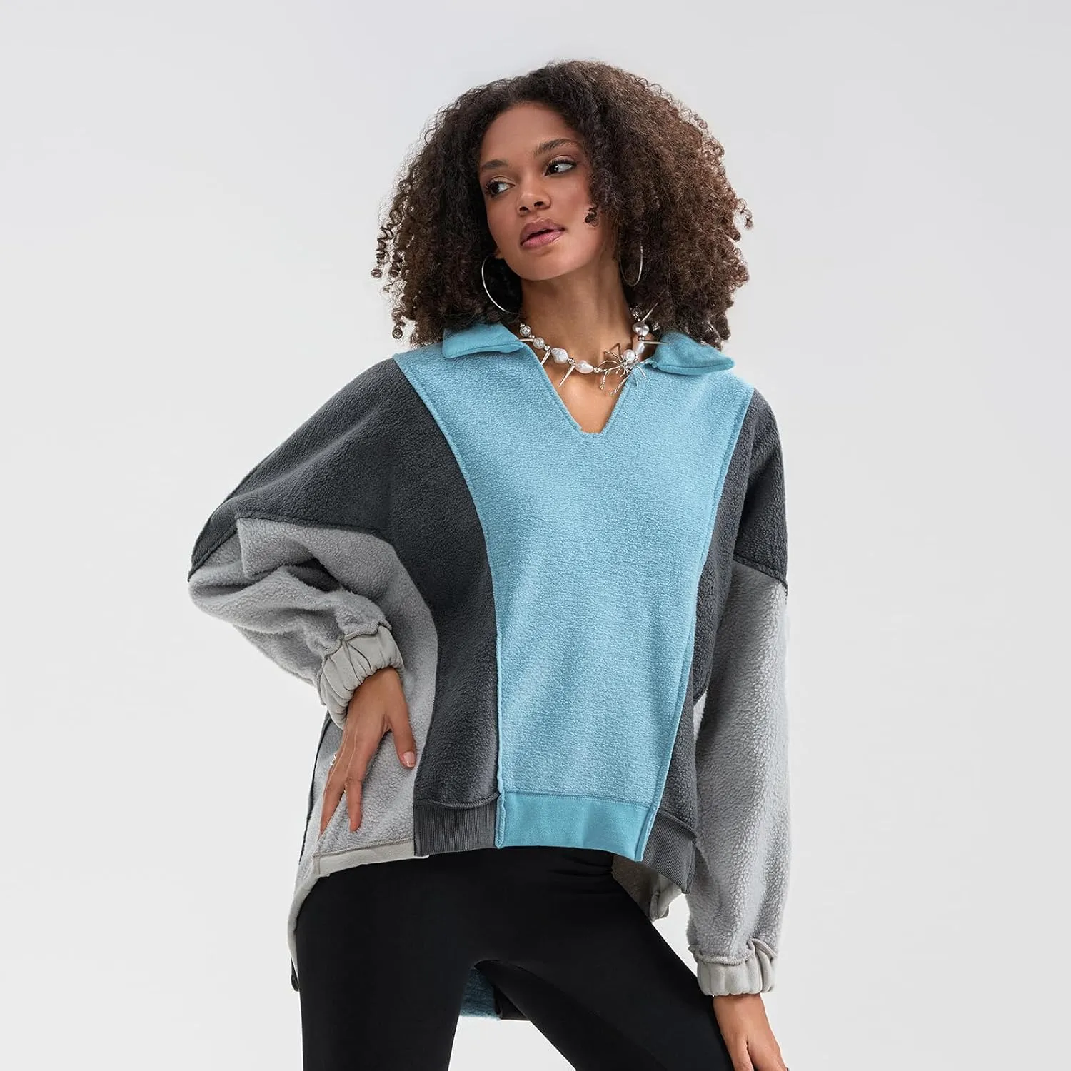 Yuemengxuan Womens Oversized Sweatshirts V-Neck Fleece Hoodies Tops Colorblock Pullover Sweaters Y2k Warm Fall Outfits