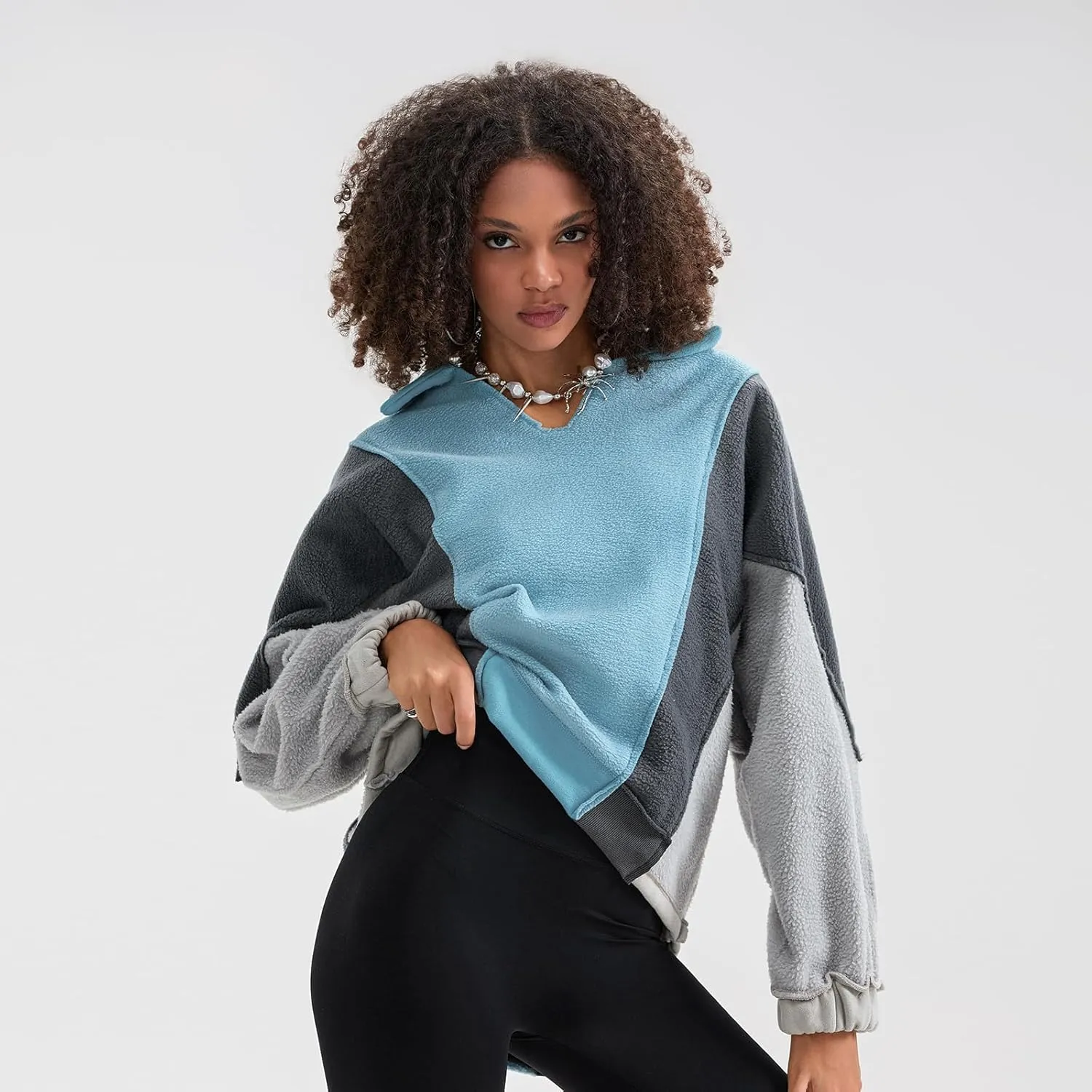 Yuemengxuan Womens Oversized Sweatshirts V-Neck Fleece Hoodies Tops Colorblock Pullover Sweaters Y2k Warm Fall Outfits