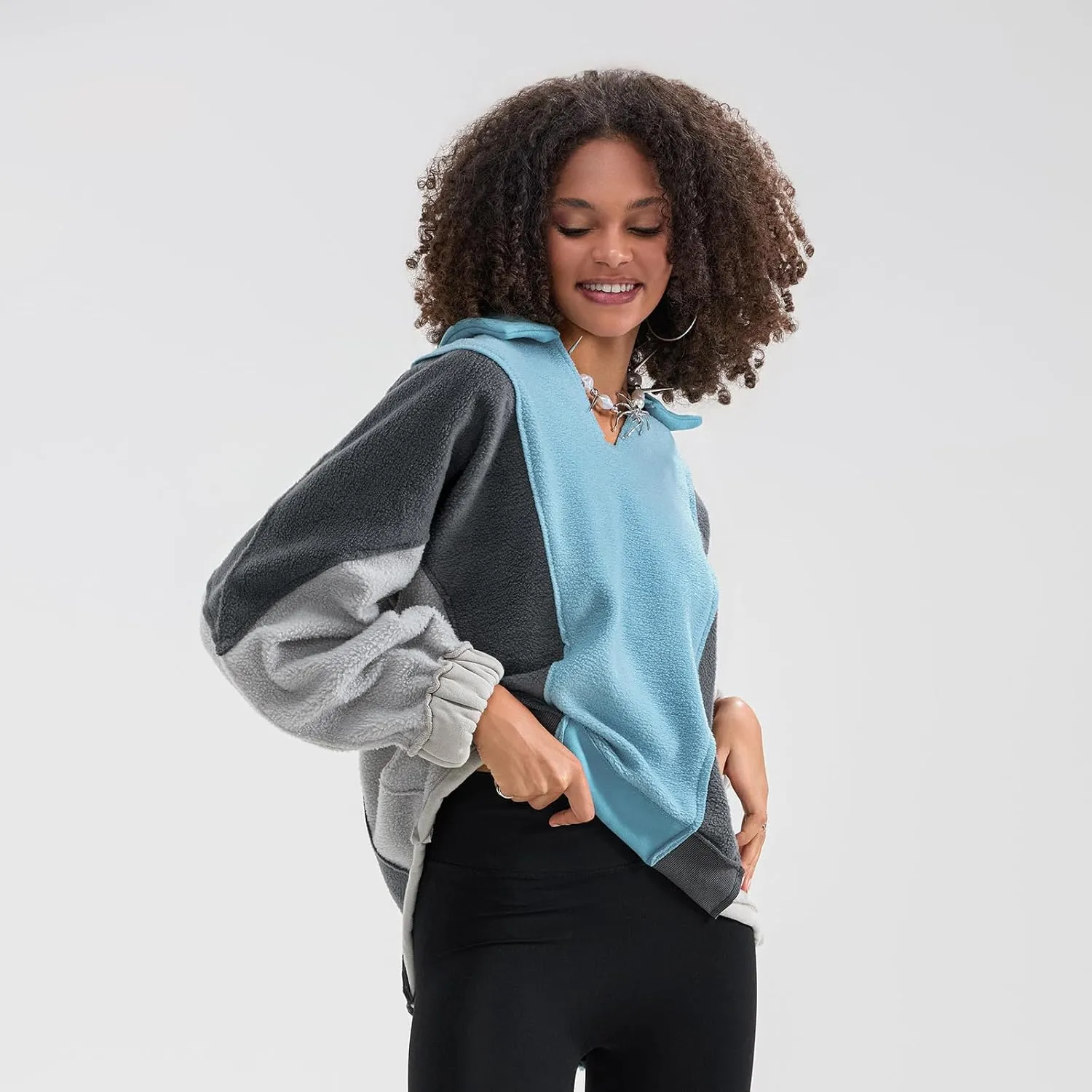 Yuemengxuan Womens Oversized Sweatshirts V-Neck Fleece Hoodies Tops Colorblock Pullover Sweaters Y2k Warm Fall Outfits