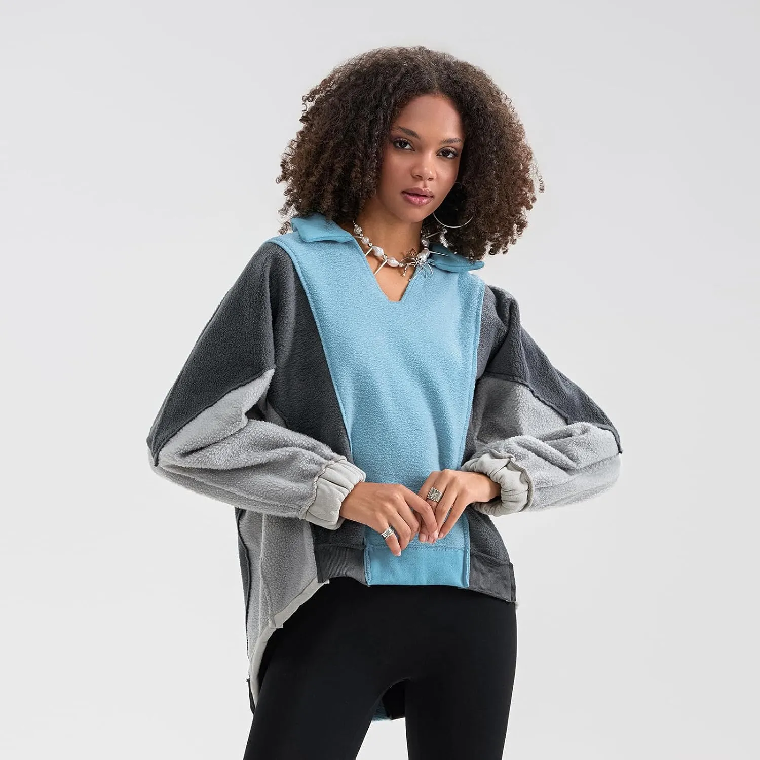 Yuemengxuan Womens Oversized Sweatshirts V-Neck Fleece Hoodies Tops Colorblock Pullover Sweaters Y2k Warm Fall Outfits