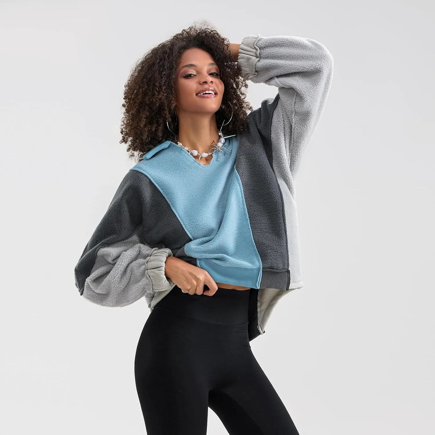 Yuemengxuan Womens Oversized Sweatshirts V-Neck Fleece Hoodies Tops Colorblock Pullover Sweaters Y2k Warm Fall Outfits
