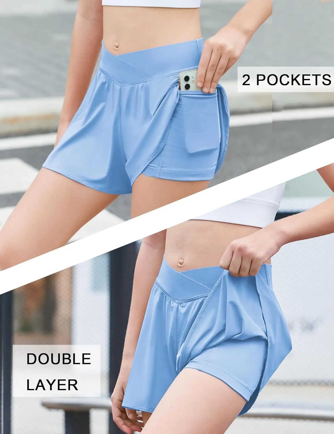 Zaclotre Girls Flowy Shorts with Spandex Liner V Crossover 2 in 1 Athletic Running Shorts with Pockets Kids Butterfly Skorts