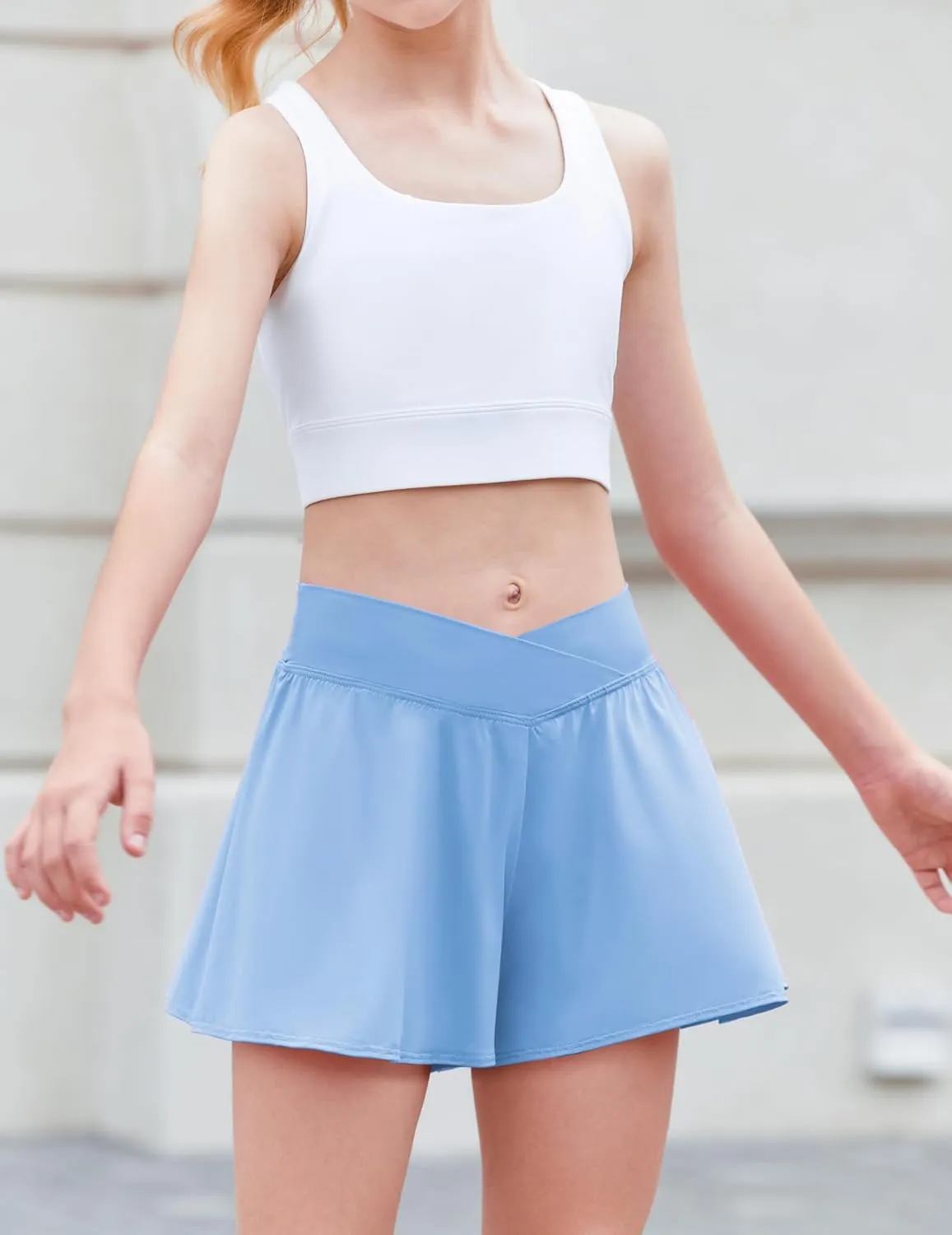 Zaclotre Girls Flowy Shorts with Spandex Liner V Crossover 2 in 1 Athletic Running Shorts with Pockets Kids Butterfly Skorts
