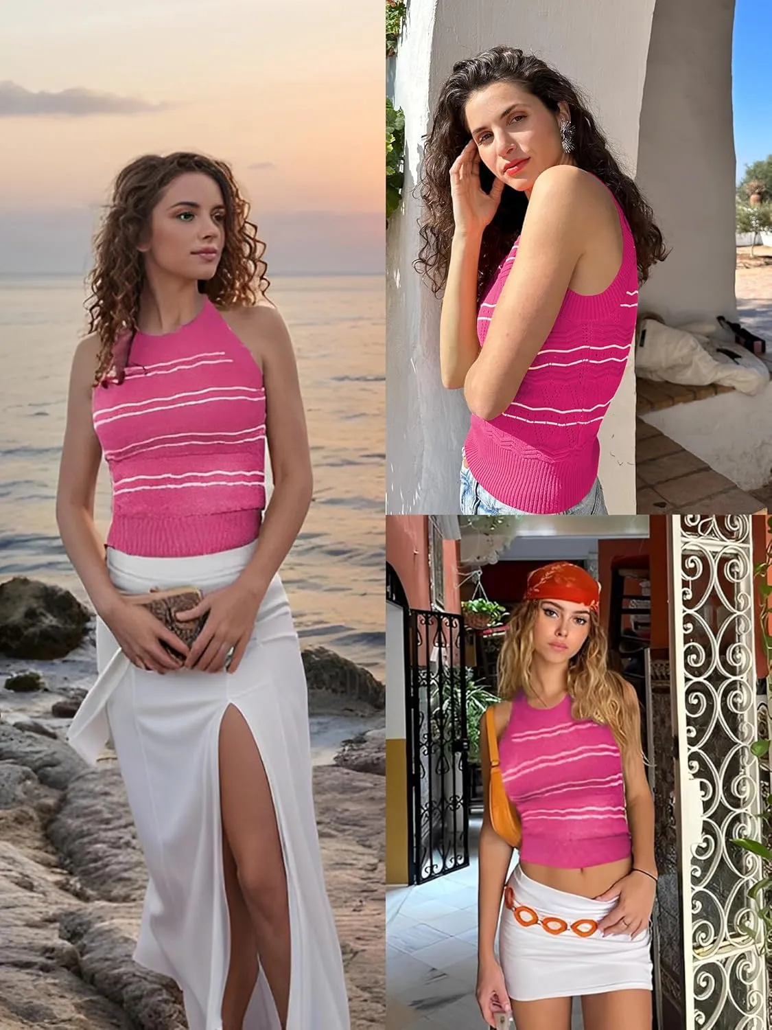 ZAFUL Womens Summer Halter Tops Striped Y2K Sleeveless Racerback Slim Fitted Stretchy Knit Cami Tank Tops