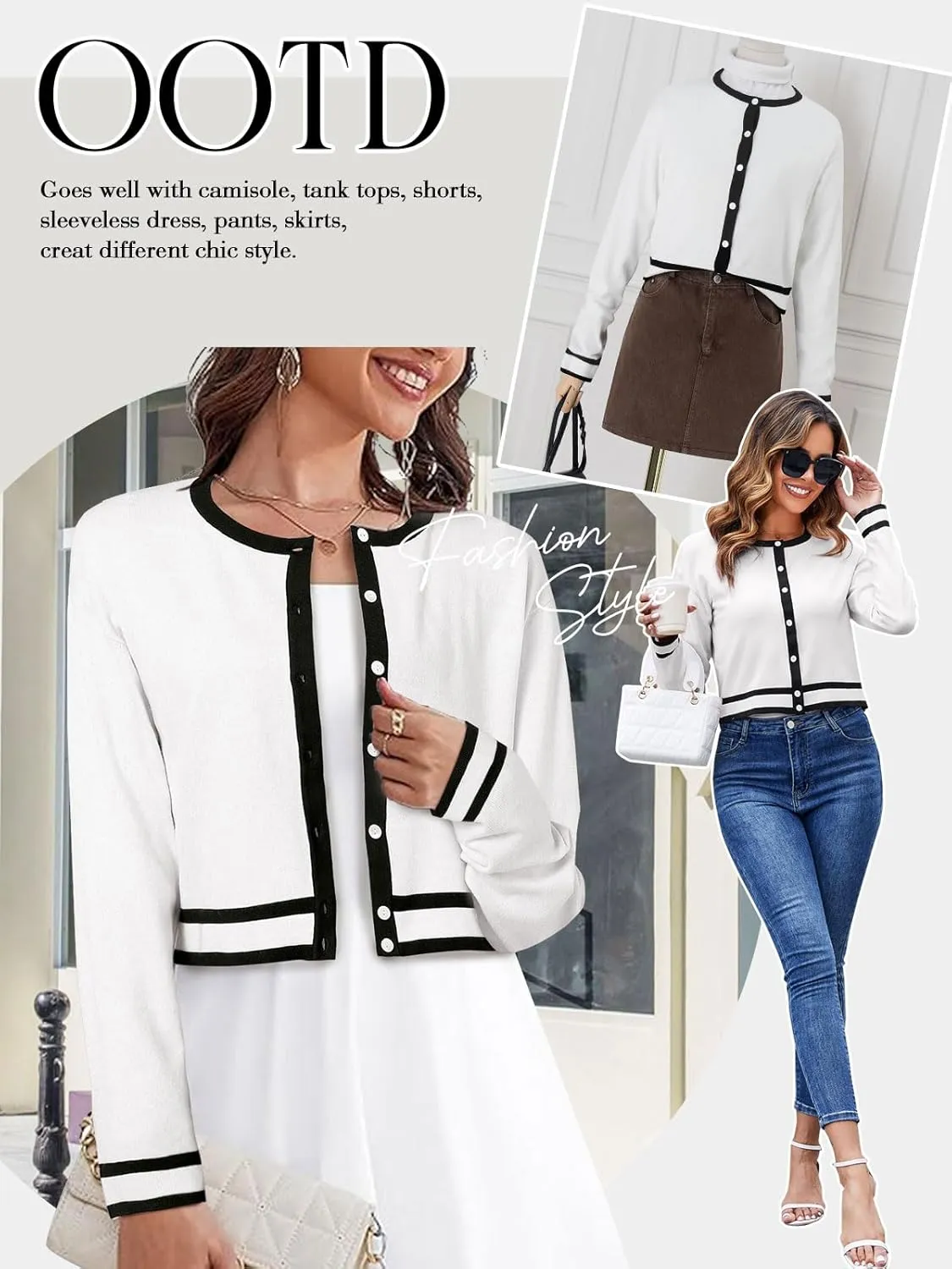 ZANZEA Cropped Cardigan Sweaters for Women Color Block Lightweight Bolero Shrug Button Down Long Sleeve Tops Fall Outfits