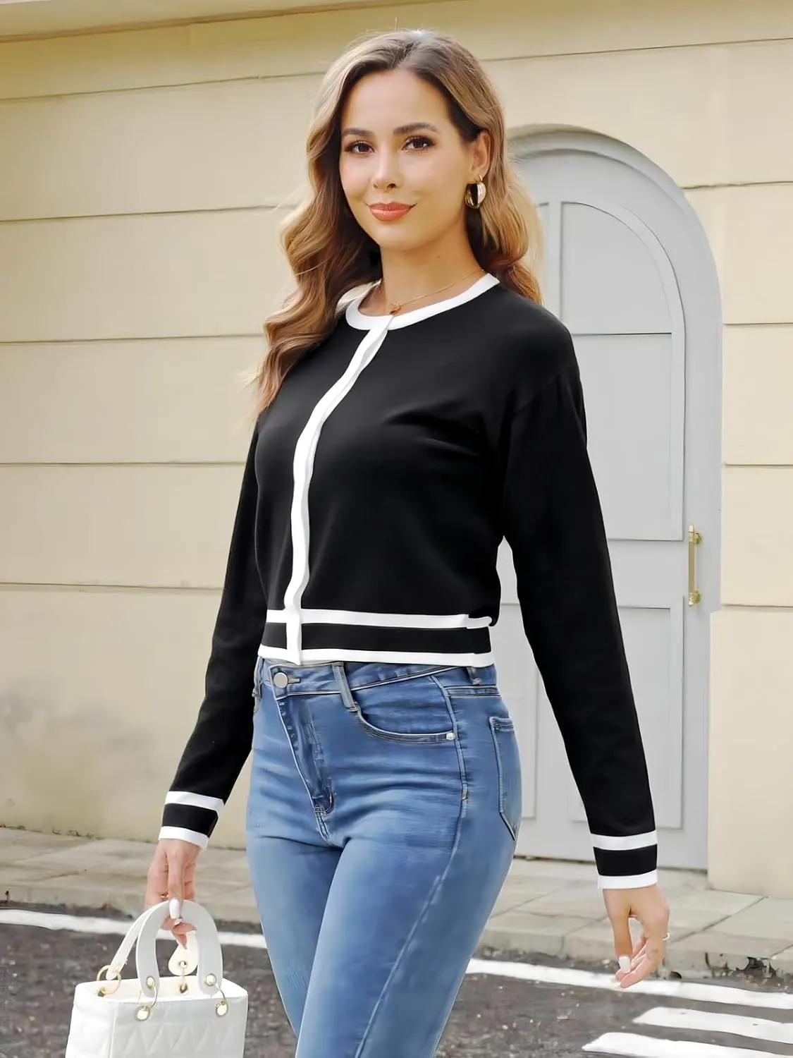ZANZEA Cropped Cardigan Sweaters for Women Color Block Lightweight Bolero Shrug Button Down Long Sleeve Tops Fall Outfits