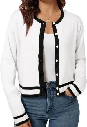 ZANZEA Cropped Cardigan Sweaters for Women Color Block Lightweight Bolero Shrug Button Down Long Sleeve Tops Fall Outfits