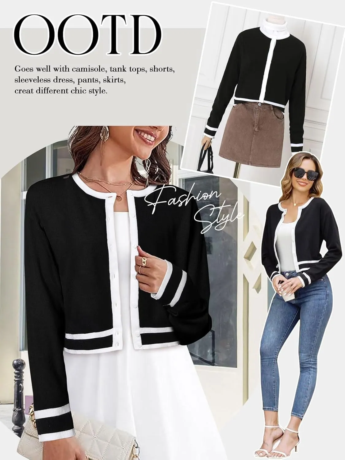 ZANZEA Cropped Cardigan Sweaters for Women Color Block Lightweight Bolero Shrug Button Down Long Sleeve Tops Fall Outfits