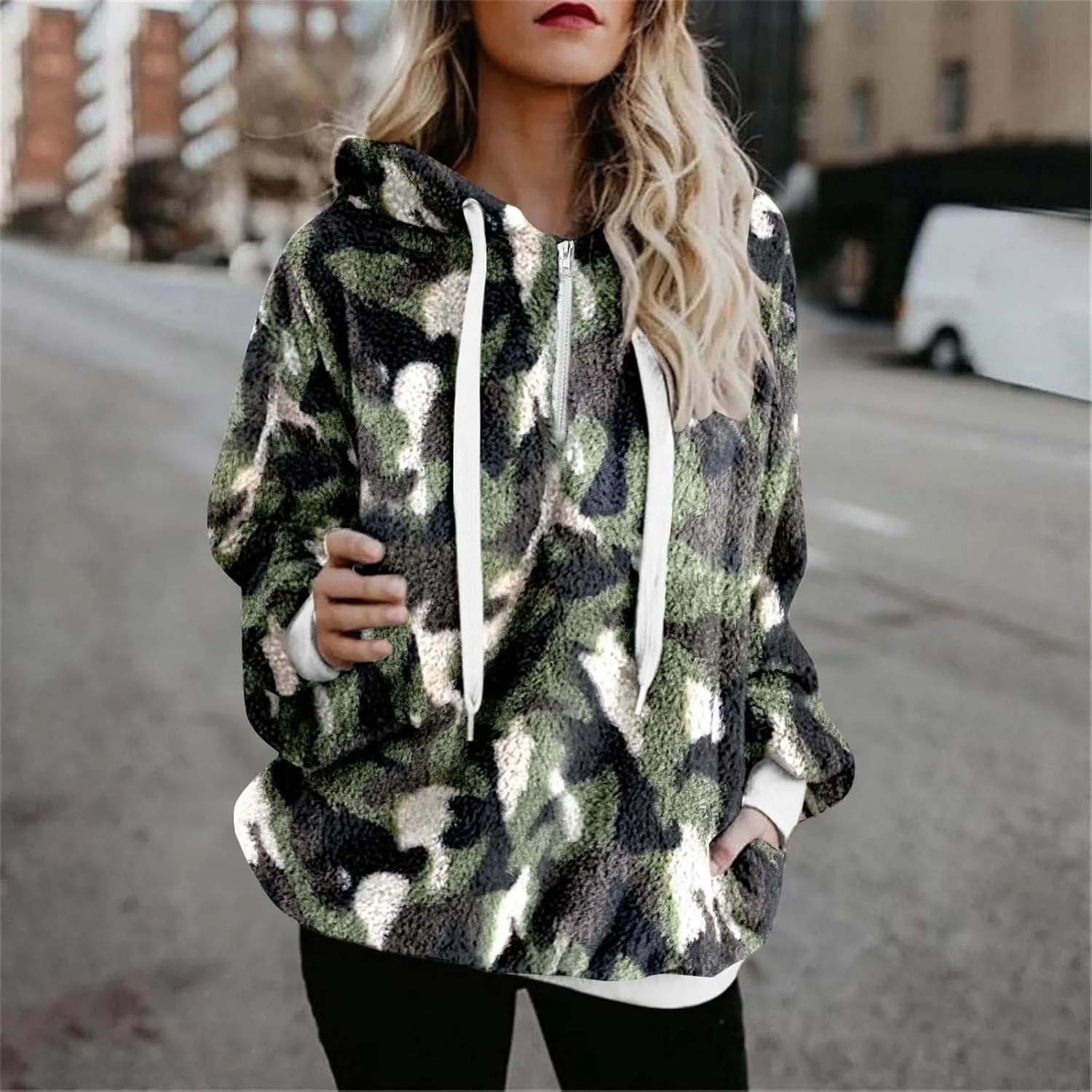 ZDRZK Women's Sweatshirts Plush 2024 Fall And Winter Warm Camo Hoodies Oversized Casual Long Sleeve Drawstring Clothes