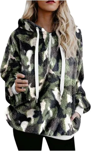ZDRZK Women's Sweatshirts Plush 2024 Fall And Winter Warm Camo Hoodies Oversized Casual Long Sleeve Drawstring Clothes