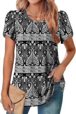Zeagoo Womens Short Sleeve Tops Pleated Dressy Casual Crew Neck Summer Loose Shirts Blouses