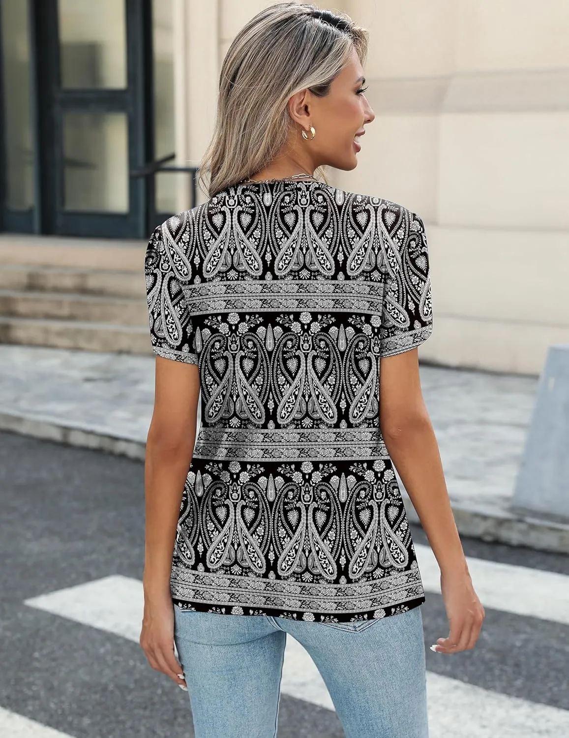 Zeagoo Womens Short Sleeve Tops Pleated Dressy Casual Crew Neck Summer Loose Shirts Blouses