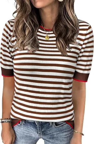 Zeagoo Womens Summer Tops Casual Short Sleeve Striped Sweater Shirt Crewneck Color Block Knit Blouses