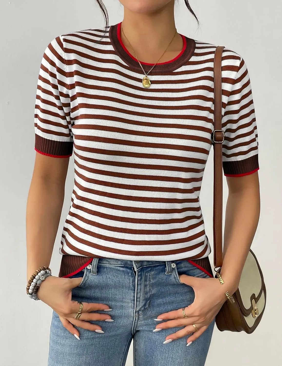 Zeagoo Womens Summer Tops Casual Short Sleeve Striped Sweater Shirt Crewneck Color Block Knit Blouses