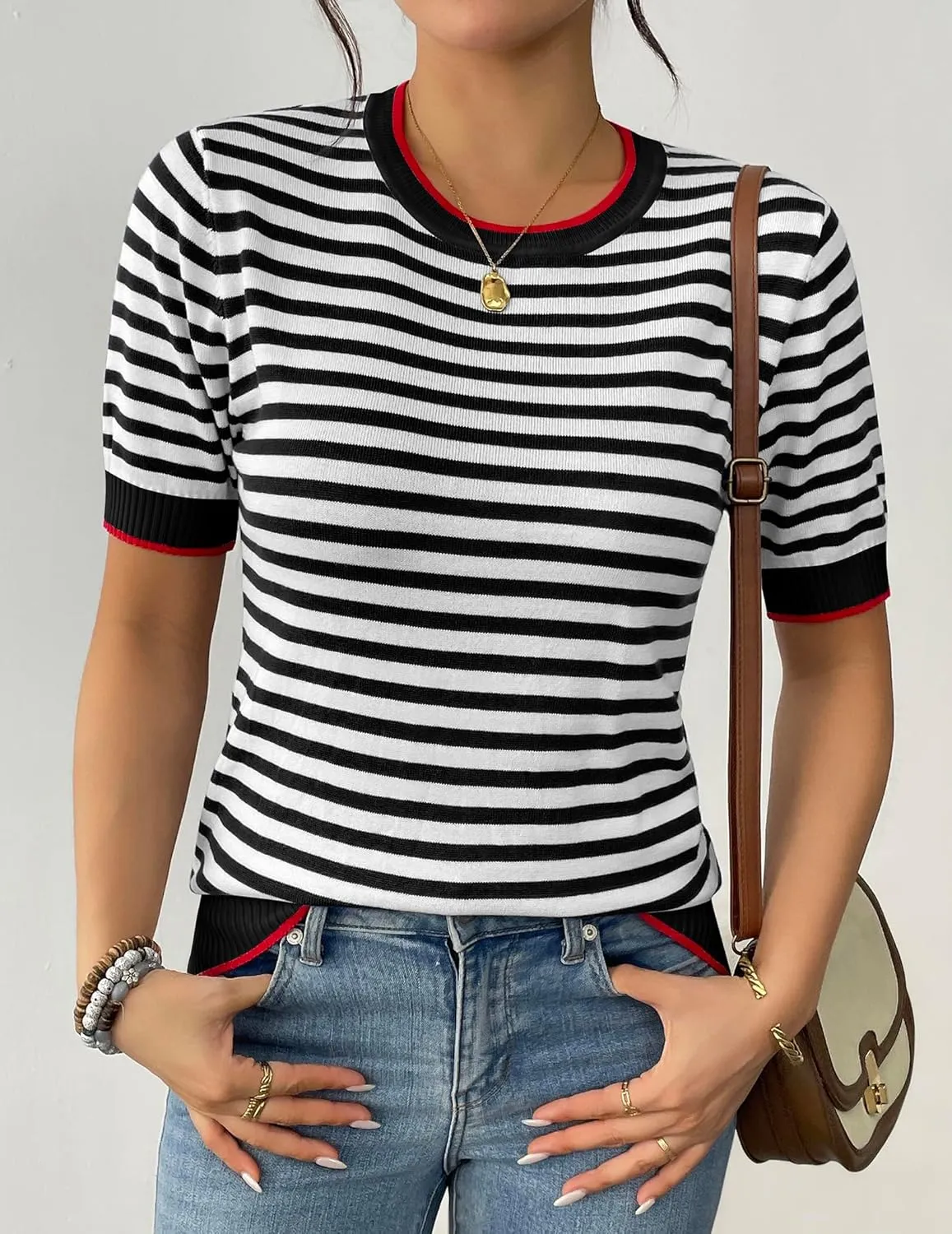 Zeagoo Womens Summer Tops Casual Short Sleeve Striped Sweater Shirt Crewneck Color Block Knit Blouses