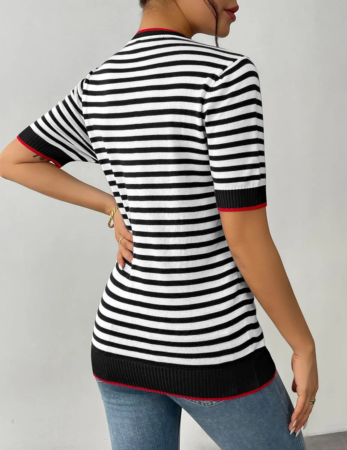 Zeagoo Womens Summer Tops Casual Short Sleeve Striped Sweater Shirt Crewneck Color Block Knit Blouses