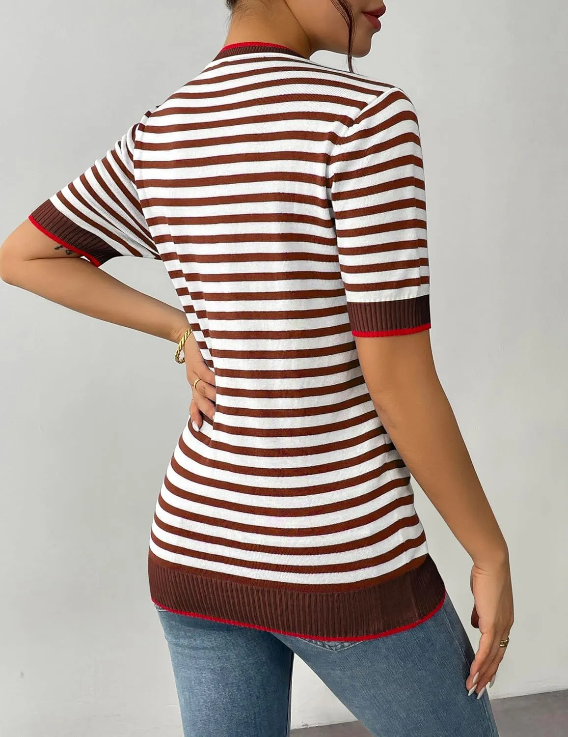 Zeagoo Womens Summer Tops Casual Short Sleeve Striped Sweater Shirt Crewneck Color Block Knit Blouses