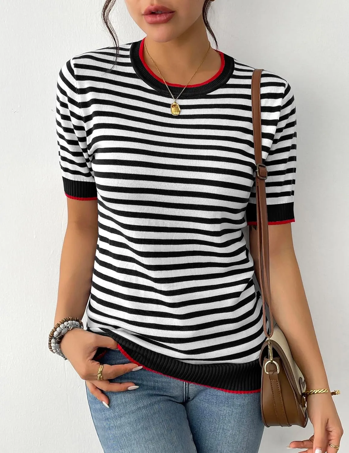 Zeagoo Womens Summer Tops Casual Short Sleeve Striped Sweater Shirt Crewneck Color Block Knit Blouses