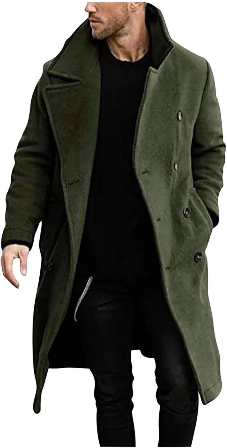 Zeiyignr Mens Trench Coat Notched Lapel Collar Double Breasted Wool Blend Pea Coat Casual Slim Fit Mid Long Overcoat Jacket