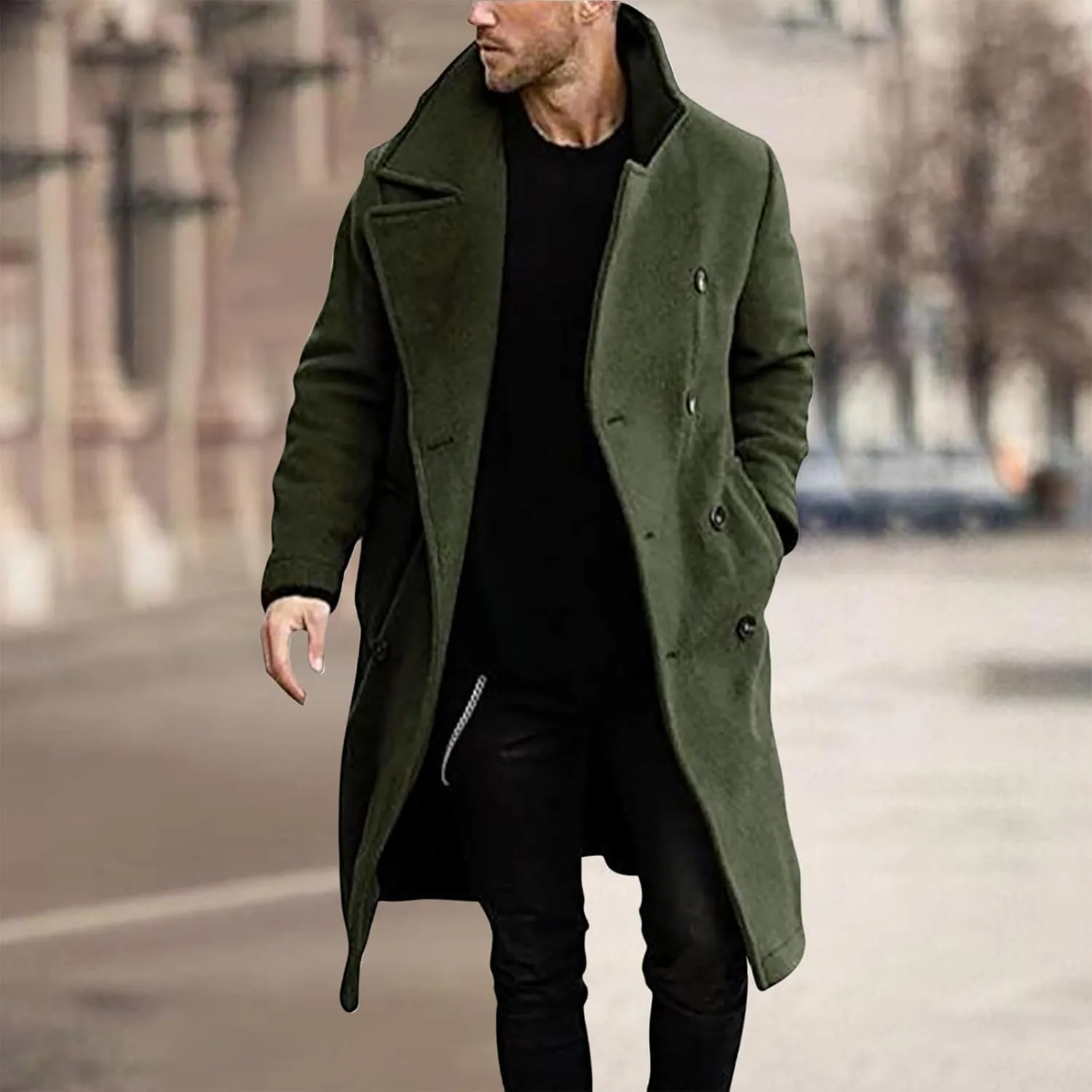 Zeiyignr Mens Trench Coat Notched Lapel Collar Double Breasted Wool Blend Pea Coat Casual Slim Fit Mid Long Overcoat Jacket