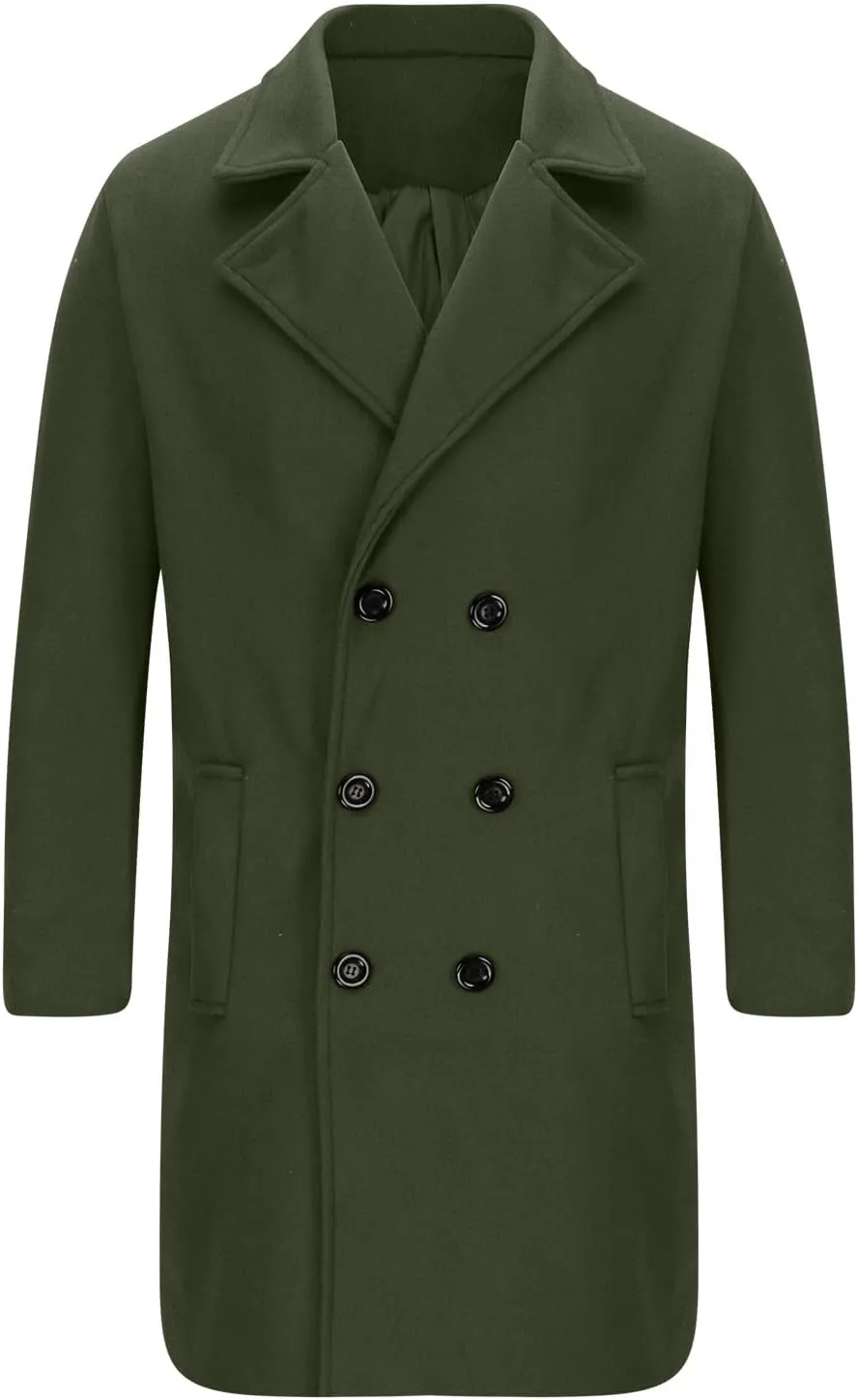 Zeiyignr Mens Trench Coat Notched Lapel Collar Double Breasted Wool Blend Pea Coat Casual Slim Fit Mid Long Overcoat Jacket