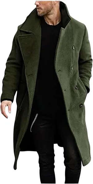 Zeiyignr Mens Trench Coat Notched Lapel Collar Double Breasted Wool Blend Pea Coat Casual Slim Fit Mid Long Overcoat Jacket
