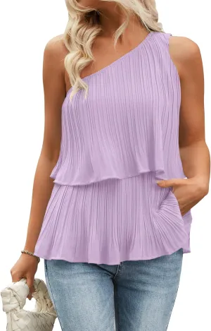 ZESICA Women's One Shoulder Tank Tops Summer Sleeveless Ruffle Tiered Layered Chiffon Flowy Blouses Shirts