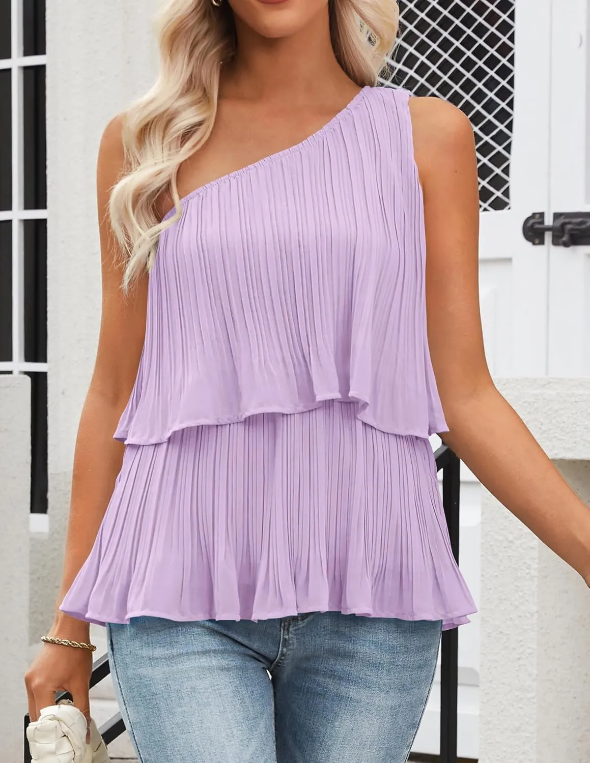 ZESICA Women's One Shoulder Tank Tops Summer Sleeveless Ruffle Tiered Layered Chiffon Flowy Blouses Shirts
