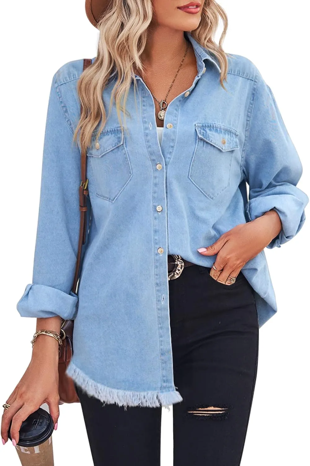 Zilcremo Women Denim Shirt Chambray Collared Jean Shirts Long Sleeve Pocket Button Down Blouses