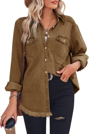 Zilcremo Women Denim Shirt Chambray Collared Jean Shirts Long Sleeve Pocket Button Down Blouses