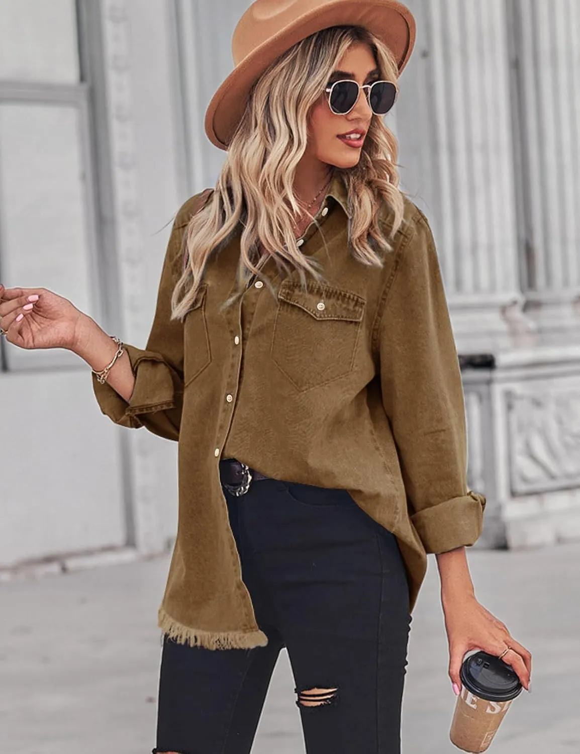 Zilcremo Women Denim Shirt Chambray Collared Jean Shirts Long Sleeve Pocket Button Down Blouses