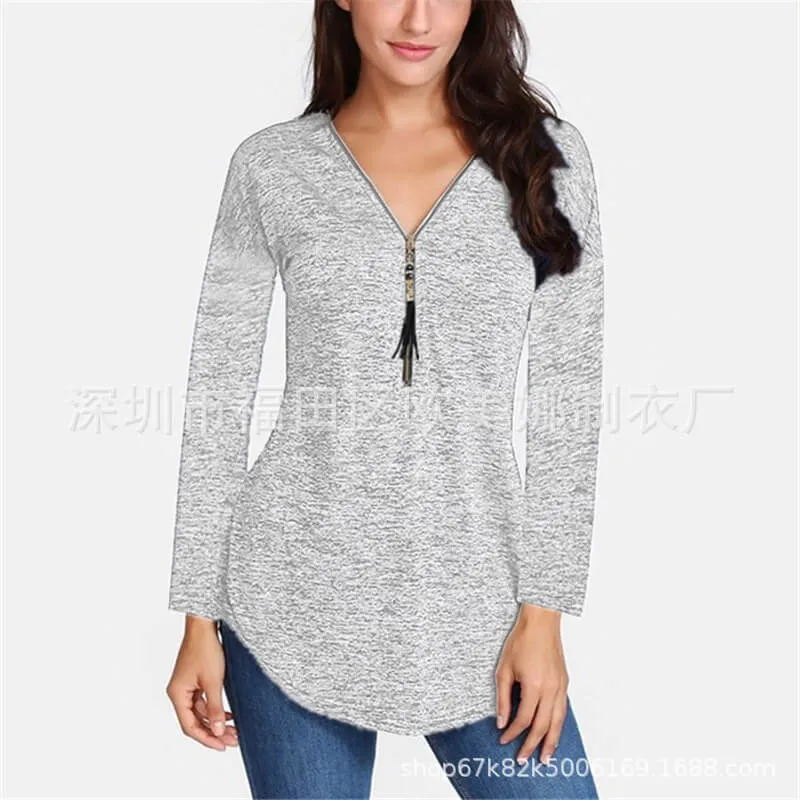 Zipper V-neck T-shirt