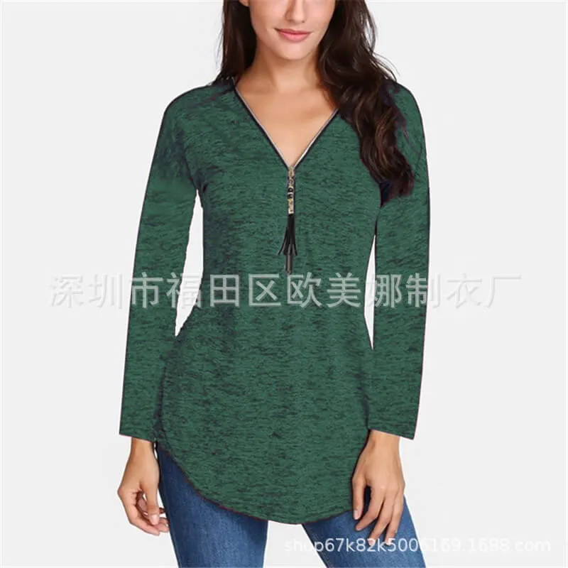 Zipper V-neck T-shirt