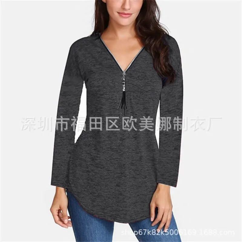 Zipper V-neck T-shirt