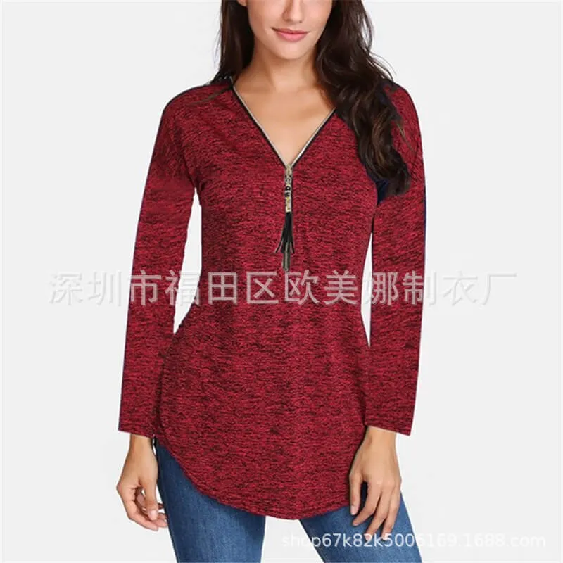 Zipper V-neck T-shirt
