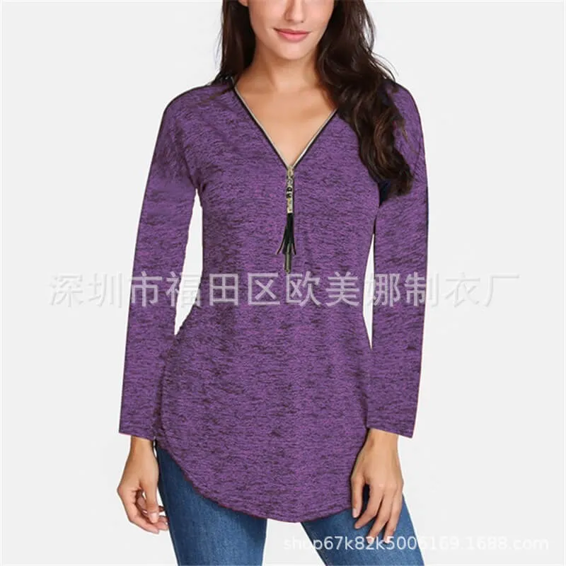 Zipper V-neck T-shirt