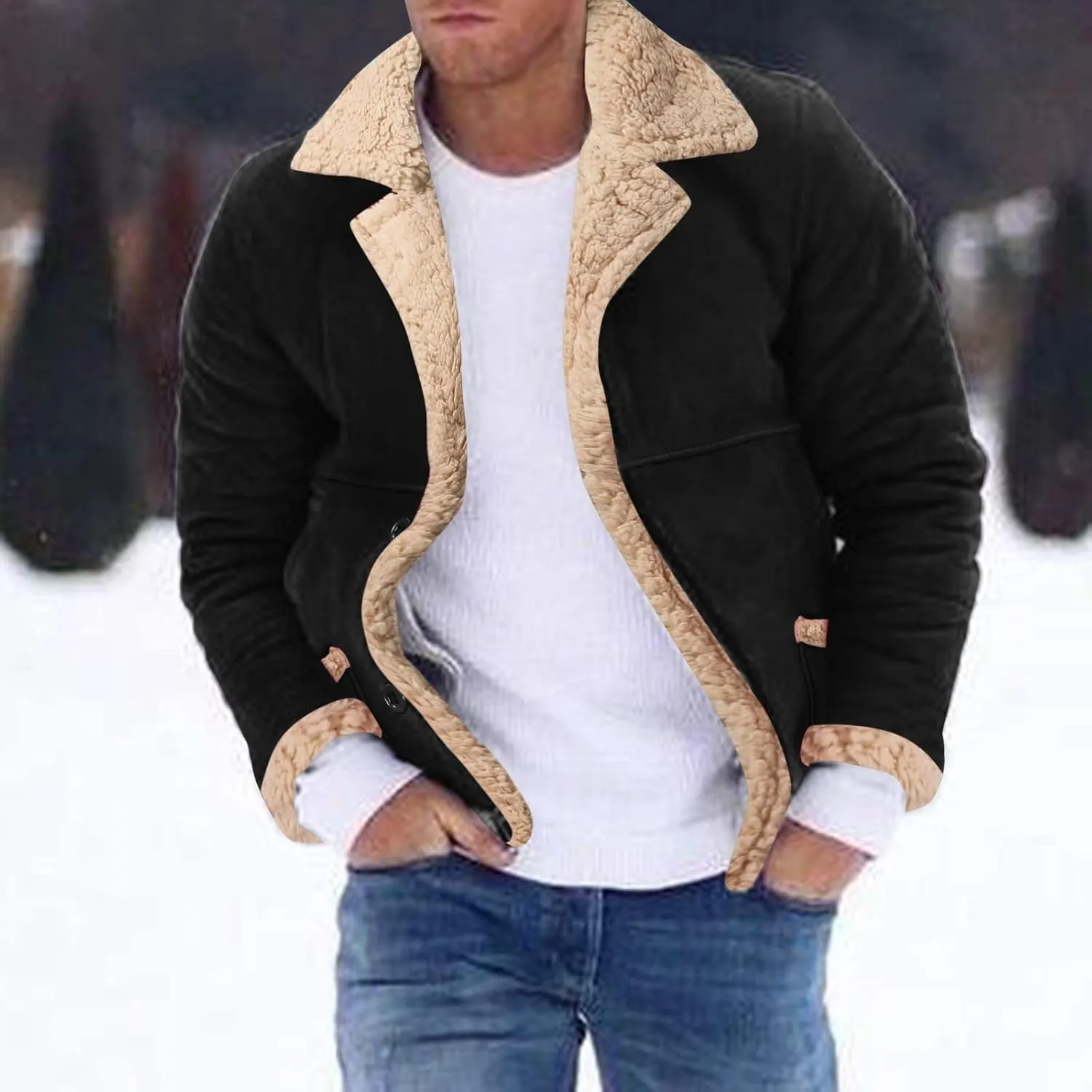 ZWRXW Men's Sheepskin Leather Jackets Shearling Fur Lined Bomber Jacket Winter Thicke Warm Lapel Outwear Coats with Pockets