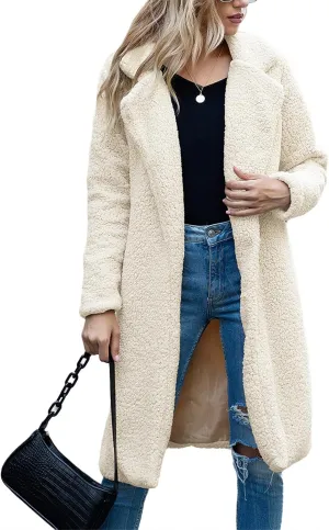 ZWRXW Women's Fuzzy Fleece Long Trench Coats Open Front Notched Lapel Solid Cardigans Winter Faux Fur Warm Outwear Jackets