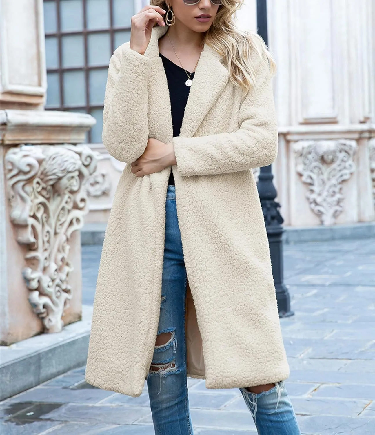ZWRXW Women's Fuzzy Fleece Long Trench Coats Open Front Notched Lapel Solid Cardigans Winter Faux Fur Warm Outwear Jackets