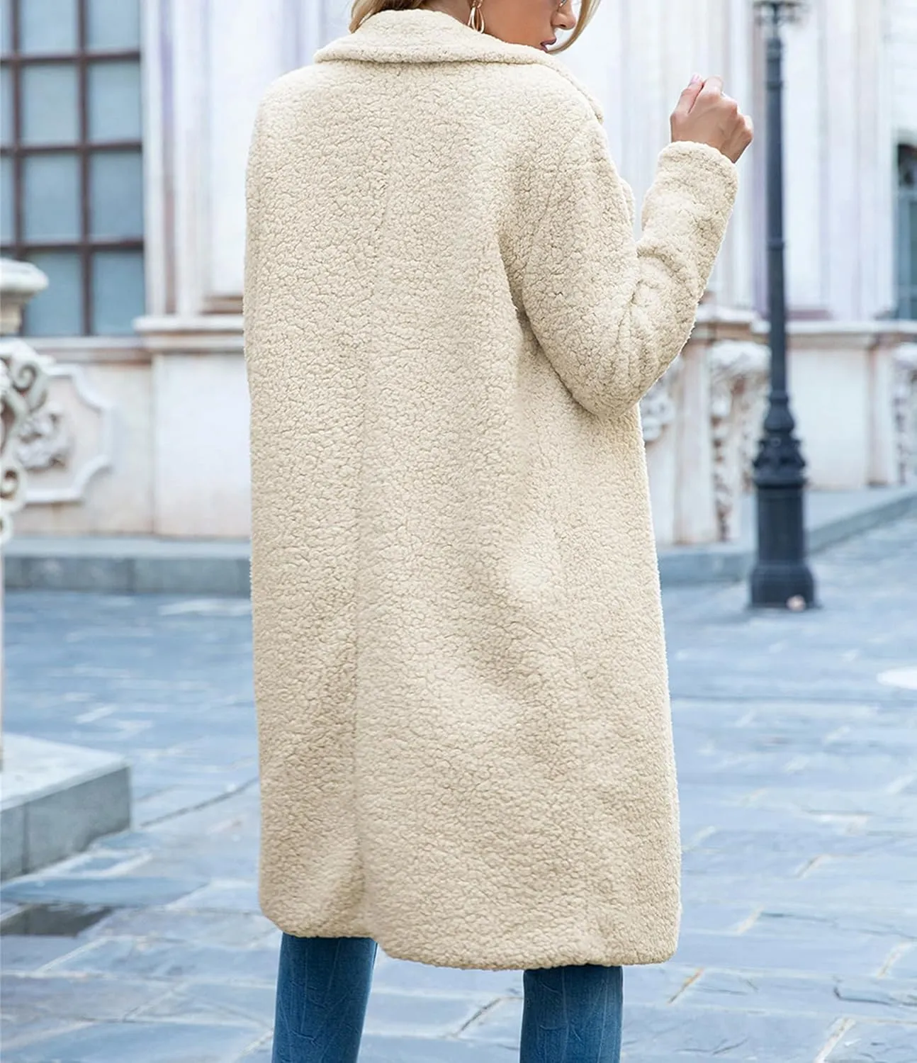 ZWRXW Women's Fuzzy Fleece Long Trench Coats Open Front Notched Lapel Solid Cardigans Winter Faux Fur Warm Outwear Jackets
