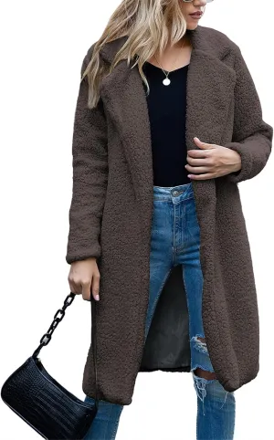 ZWRXW Women's Fuzzy Fleece Long Trench Coats Open Front Notched Lapel Solid Cardigans Winter Faux Fur Warm Outwear Jackets