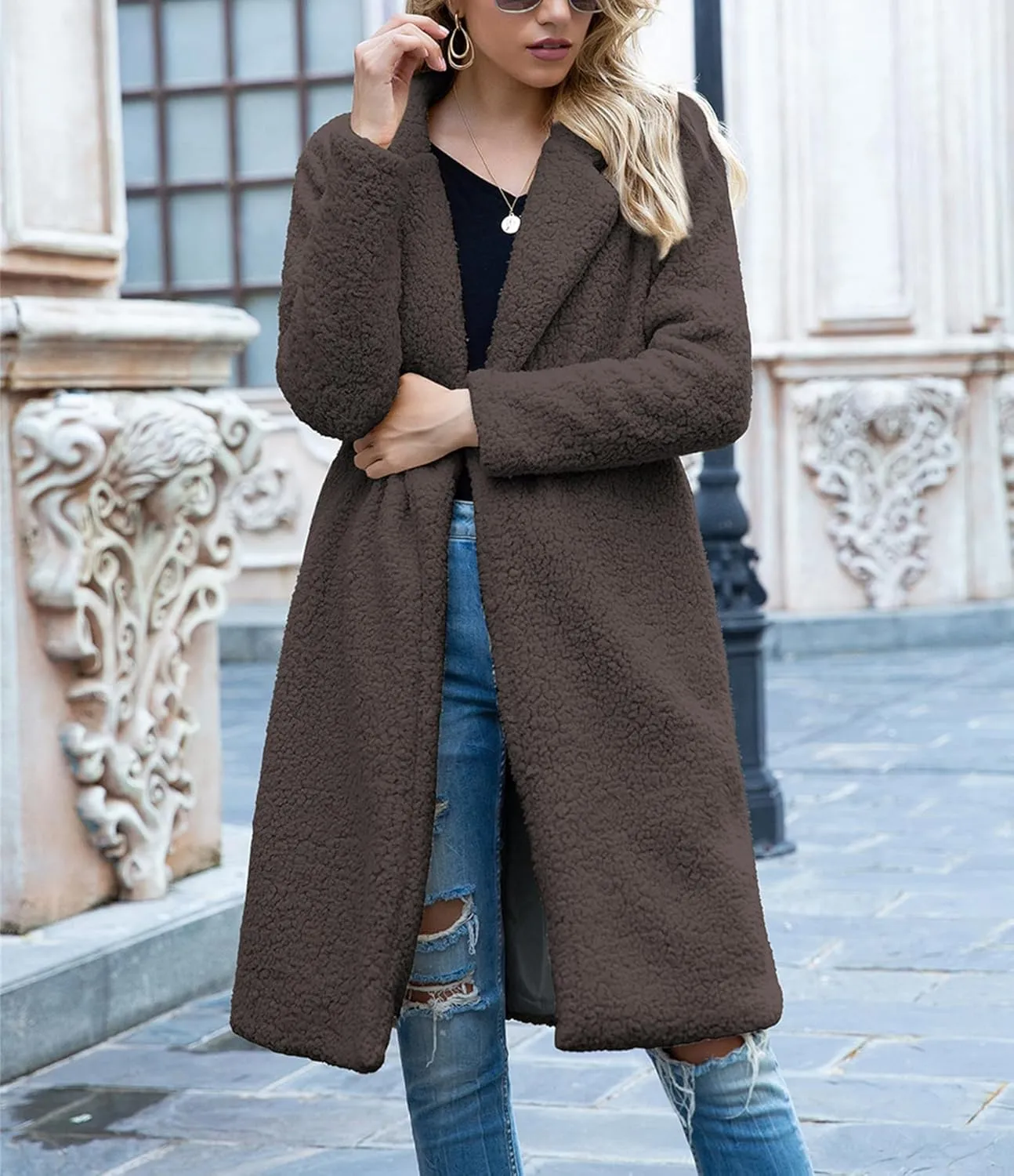 ZWRXW Women's Fuzzy Fleece Long Trench Coats Open Front Notched Lapel Solid Cardigans Winter Faux Fur Warm Outwear Jackets
