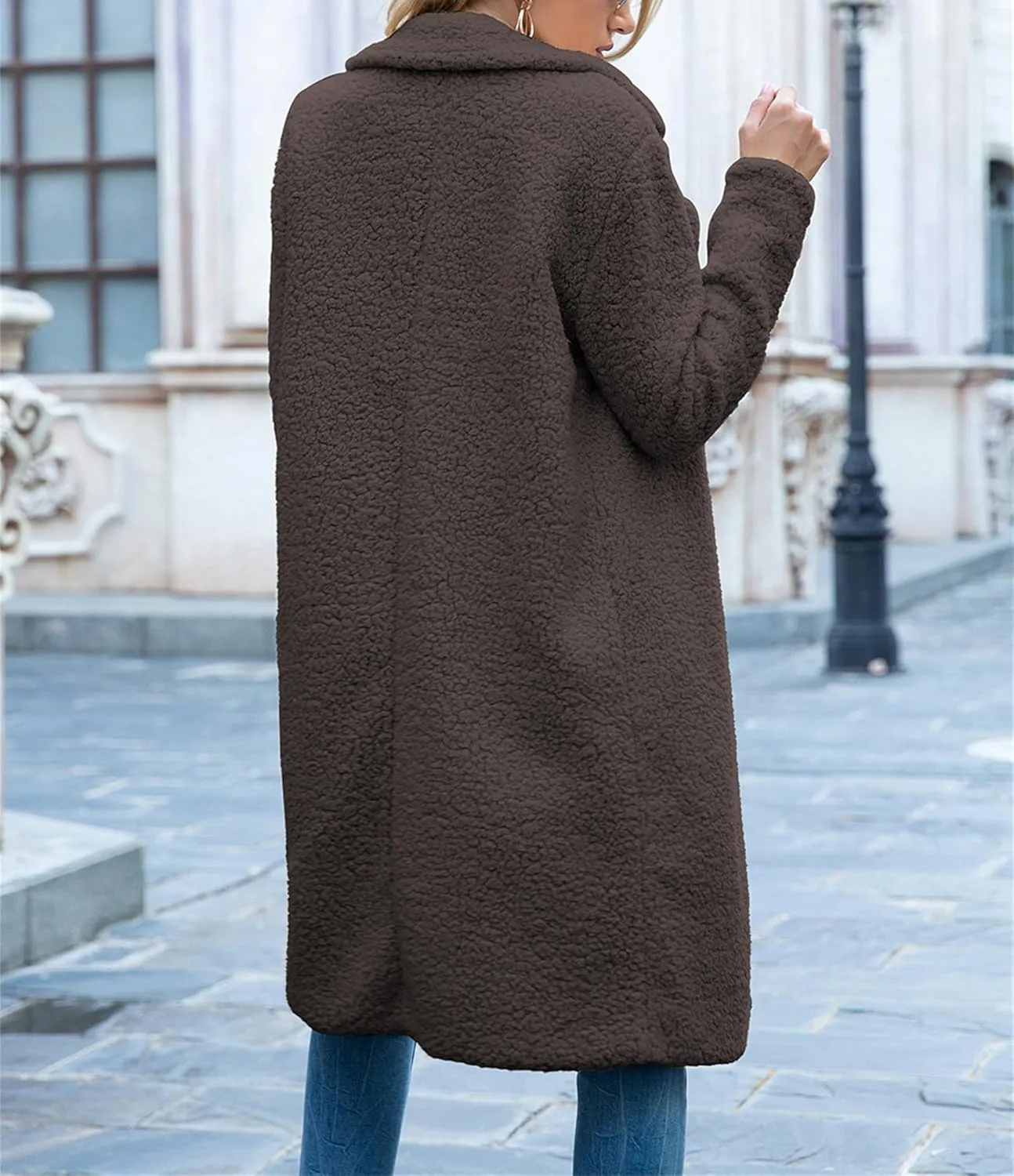 ZWRXW Women's Fuzzy Fleece Long Trench Coats Open Front Notched Lapel Solid Cardigans Winter Faux Fur Warm Outwear Jackets
