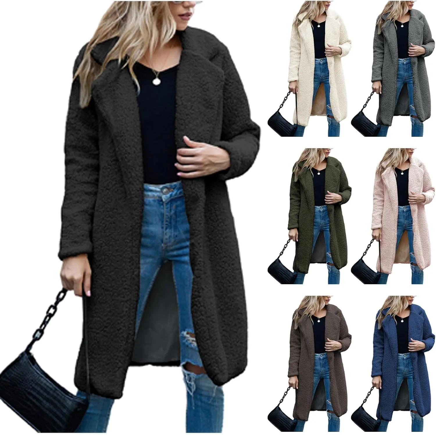 ZWRXW Women's Fuzzy Fleece Long Trench Coats Open Front Notched Lapel Solid Cardigans Winter Faux Fur Warm Outwear Jackets