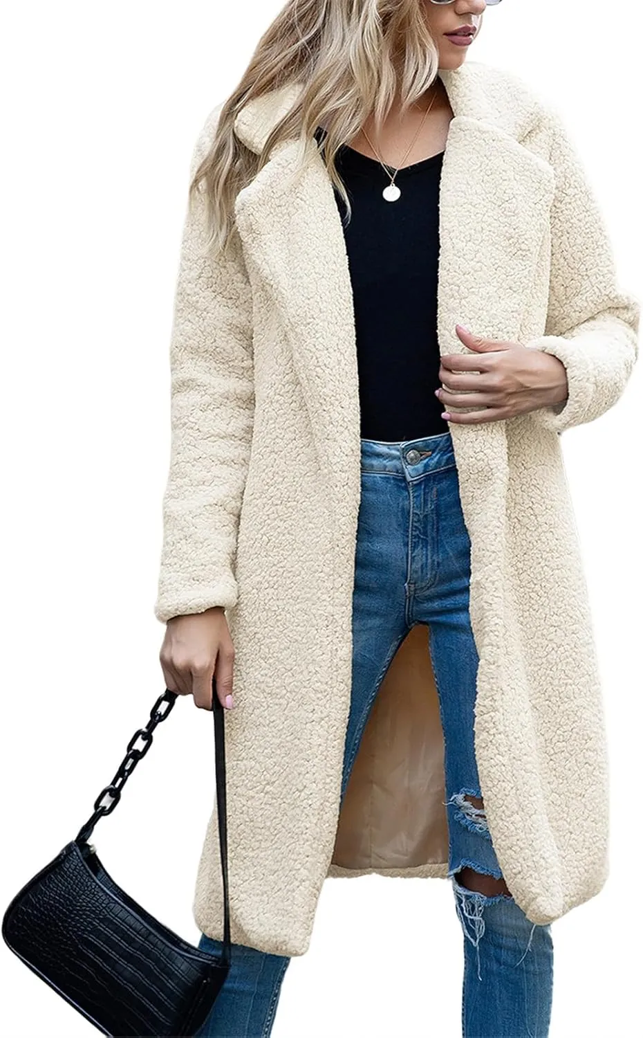 ZWRXW Women's Fuzzy Fleece Long Trench Coats Open Front Notched Lapel Solid Cardigans Winter Faux Fur Warm Outwear Jackets