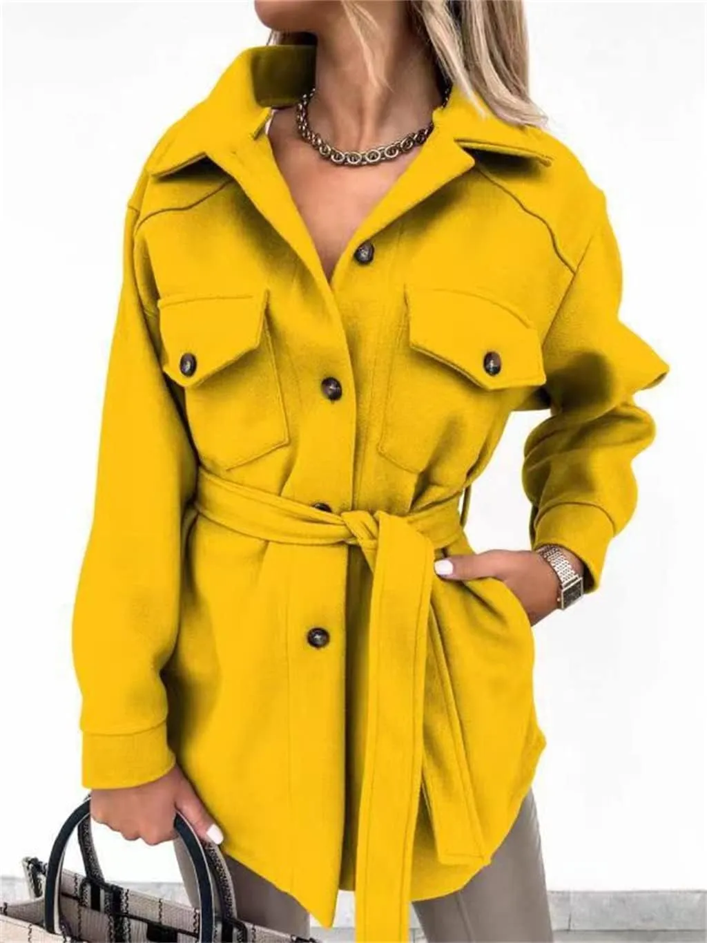 ZWRXW Womens Trench Coats Fashion Lapel Button Down Peacoat with Belted Casual Fall Winter Woolen Jackets Mid-Long Outwear